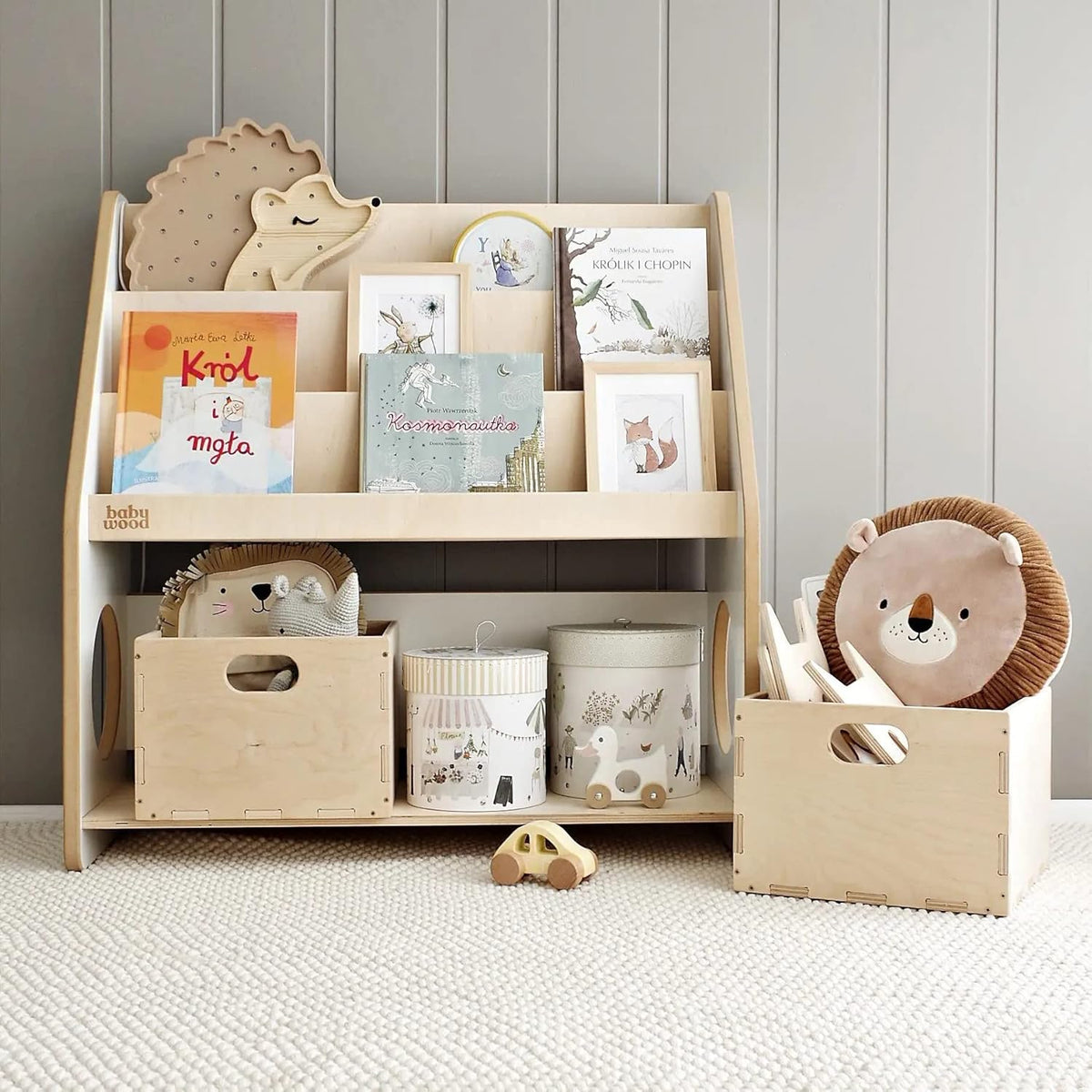 Babywood Bibliothèque en Bois pour Enfants | Étagère Montessori avec 2 Caisses à Jouets | Rangement Sûr pour Chambre d'Enfant