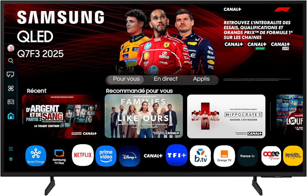 TV AI 65 Pouces QLED 65Q7F3 4K Smart TV, Quantum Dots, Q4 AI Processor, WiFi, Airplay, HDR, Q-Symphony, OTS Lite, Knox Security, Gaming Hub, Bixby, Application opérateurs intégrées