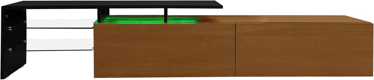 Meuble TV aspect bois naturel 170 cm avec éclairage LED 16 couleurs étagères en verre pour TV jusqu'à 75"