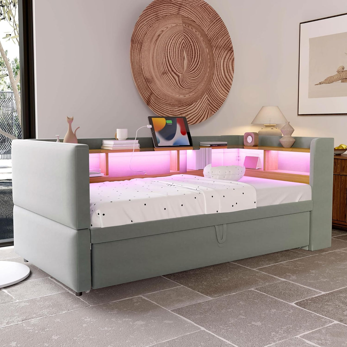 Canapé lit 90x190, Canapé Convertible avec LED et USB, lit 2 Personnes 90/180x190 avec lit gigogne et Plusieurs Compartiments de Rangement, Meuble Salon Gris Clair (sans Matelas)