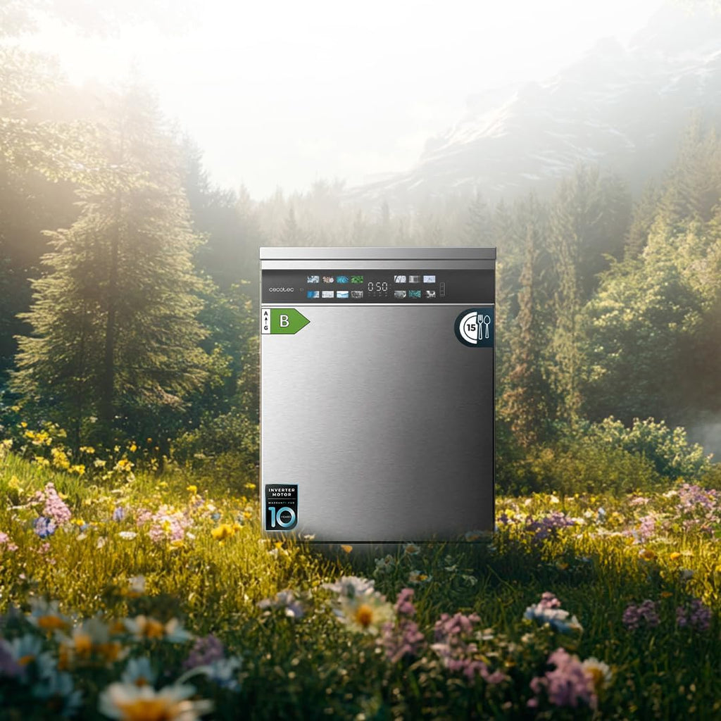 Cecotec Lave-vaisselle 60cm Bolero Aguazero 6700 Inox B Lave-vaisselle inox, 15 couverts, Classe B, Moteur Inverter Plus, O2 Dry, Lavage Double Zone, Plateau Ajustable, Stockage Long et Turbo Dry+.