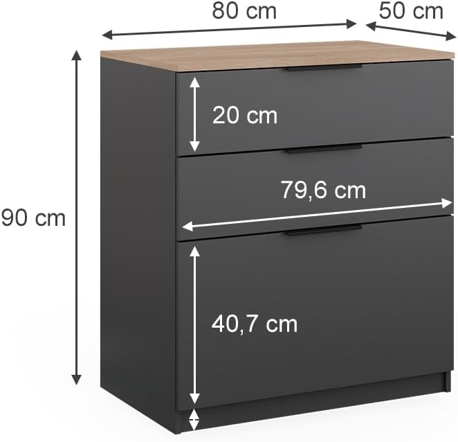 Vicco Commode avec tiroirs Betti, Anthracite/Chêne, 80 x 90 cm