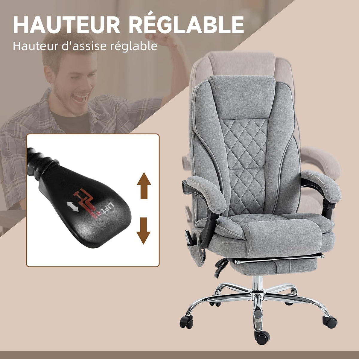 Vinsetto Fauteuil de Bureau massant et Chauffant Chaise de Bureau Chaise Ergonomique avec Hauteur réglable Dossier inclinable télécommande Filaire Repose-Pieds rétractable et pivotant 360° Gris