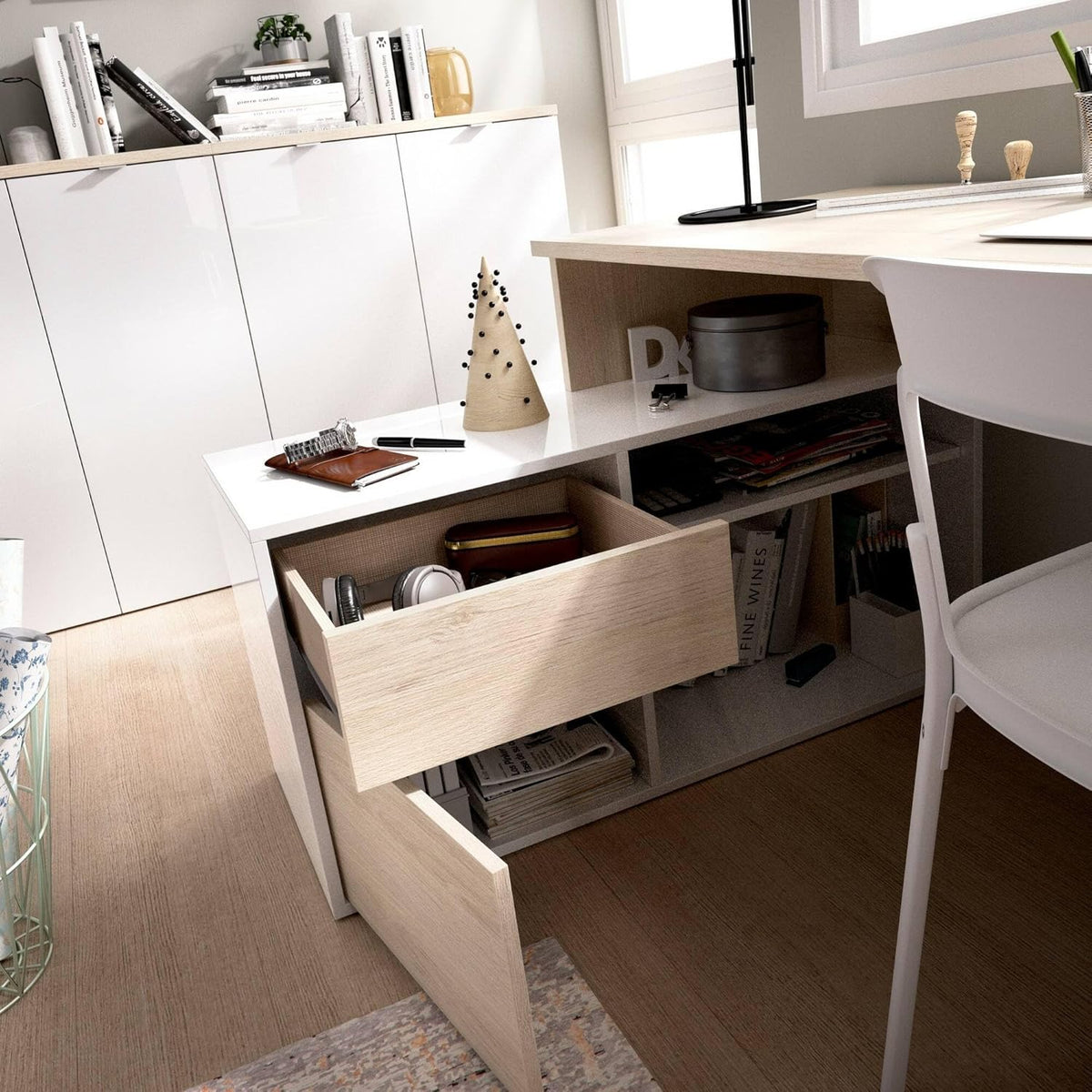 Dmora Scrivania Gardena, Positions pour Bureau ou Chambre d'enfant, Table d'étude d'angle Multi-usages, 139 x 92 x 75 cm, Bois, Chêne Blanc