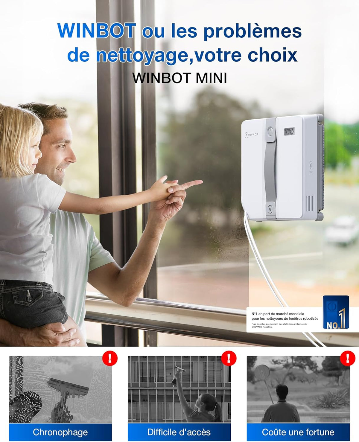 ECOVACS WINBOT Mini Robot de Nettoyage de vitres, Design Compact, Double Buses avec pulvérisation ultrasonique, système de Protection à 9 étapes, Planification Intelligente du Trajet, Blanc