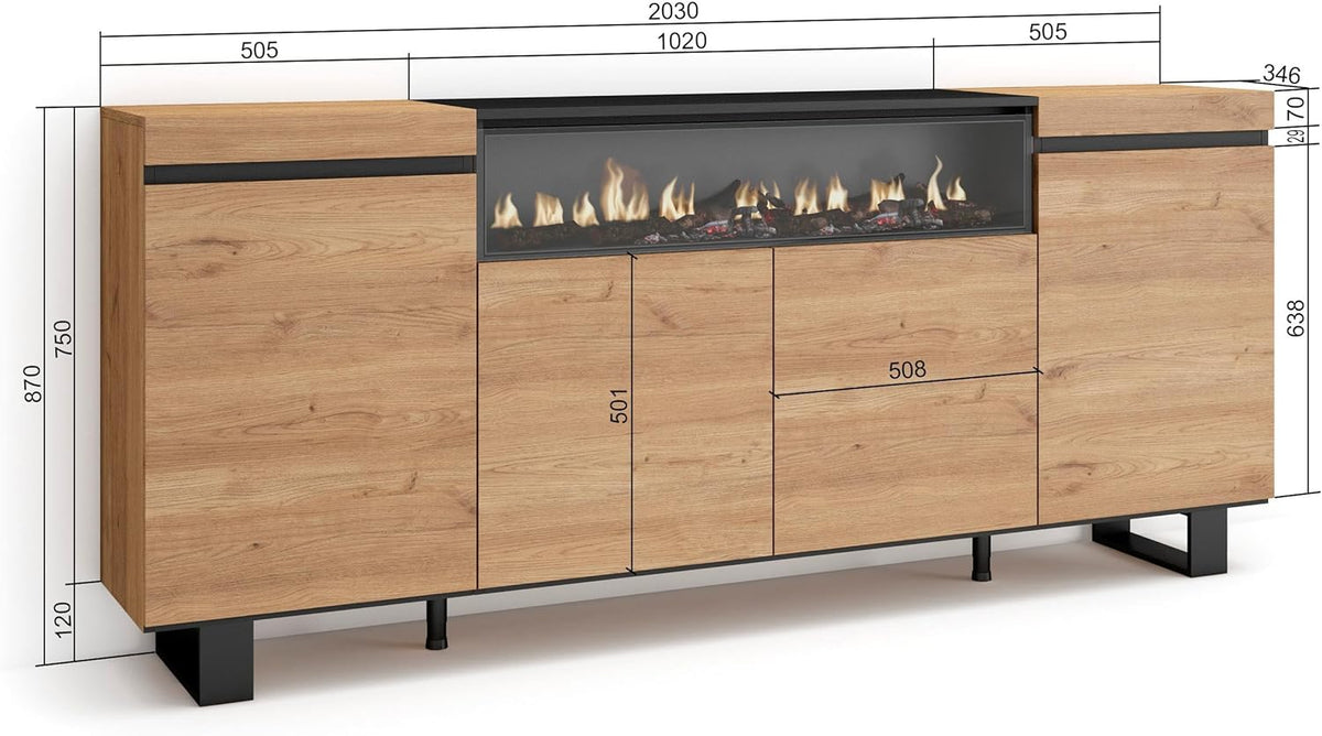 Skraut Home | Buffet Salon et Cuisine | Meuble de Rangement, Commode | 200x87x35cm | 4 Portes | Cheminée électrique | Design Industriel | Style Moderne | Chêne et Noir