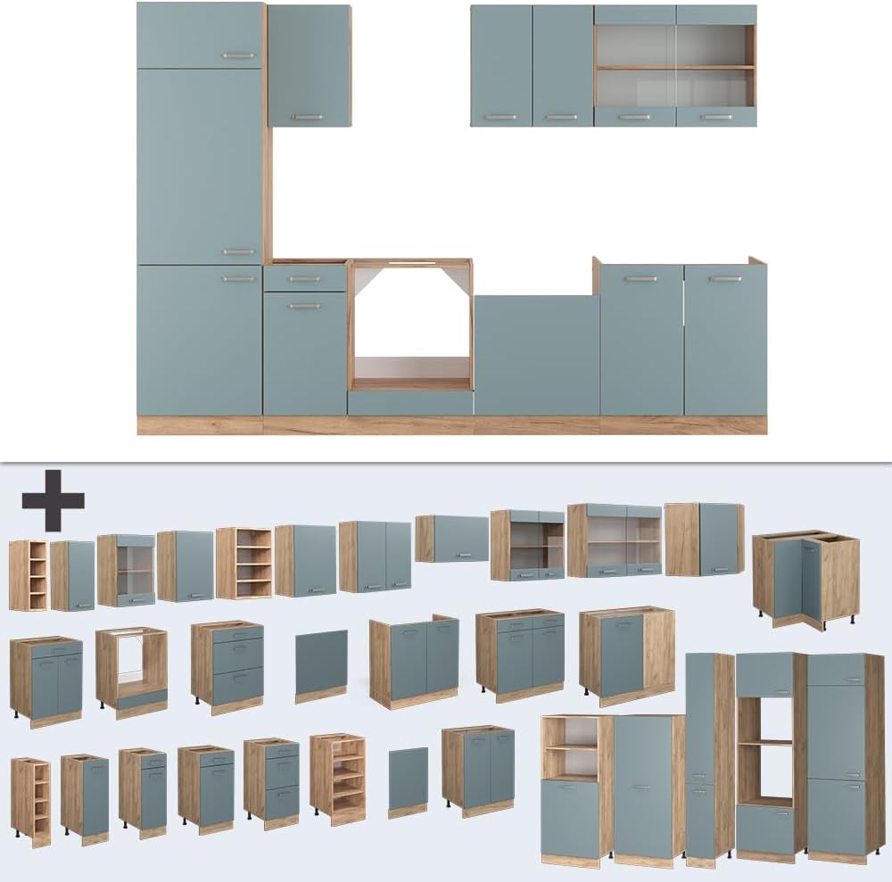 Vicco Cuisine R-Line, Bleu-Gris/Chêne de Force doré, 300 cm sans Plan de Travail