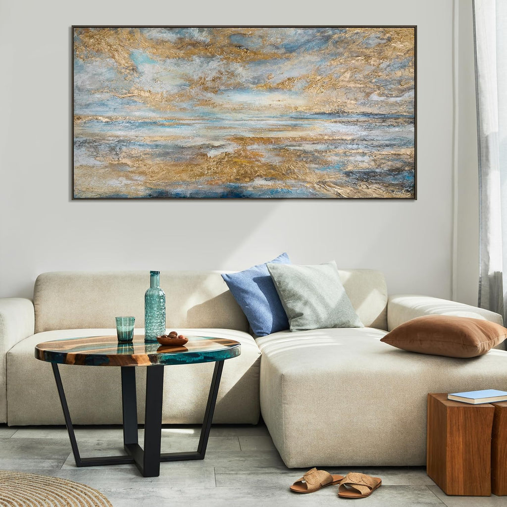 YS-Art Tableau fait à la main dans un cadre Baie d'or Paysage marin aube sur l'océan tons bleus et or Peinture abstraite Décoration 120x60 cm