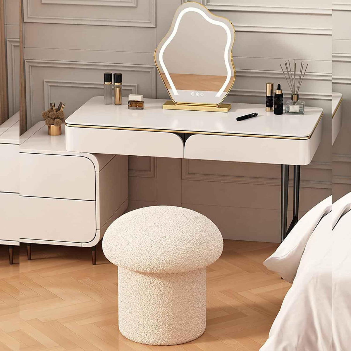 Tabouret de coiffeuse compact en forme de champignon – Design robuste et confortable pour chambre à coucher confortable, décoration élégante, sièges peu encombrants, idéal pour le maquillage et la