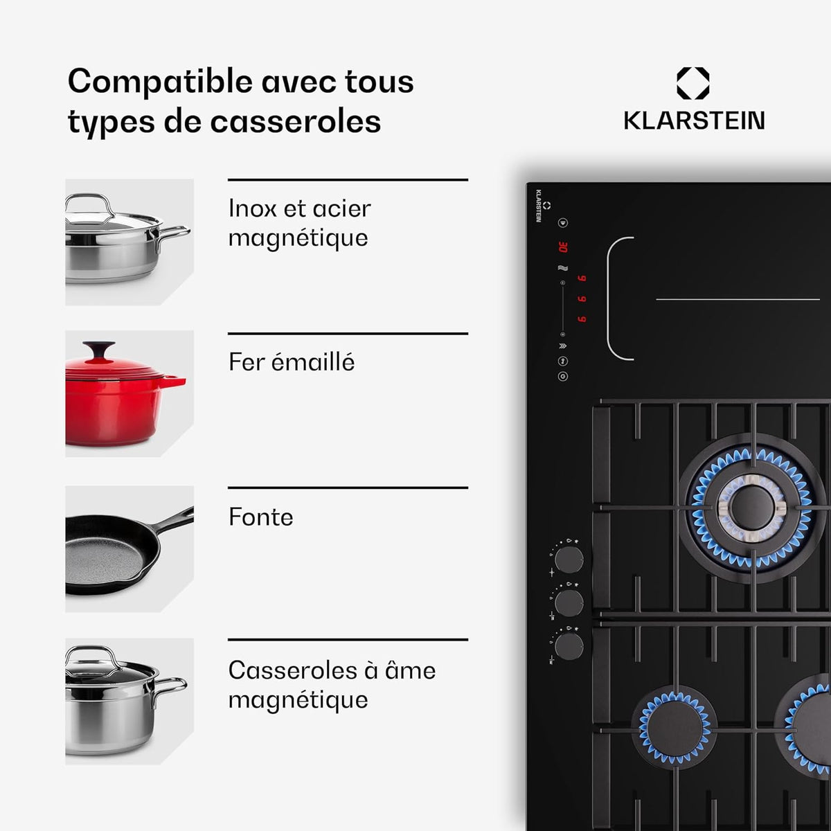 Klarstein MultiChef 5 Plaque Induction Et Gaz - 5 Zones, Flexzone, 10,6 Kw, Commande À Glissière, Stop&Go, Minuterie, Noir, 87,5 Cm