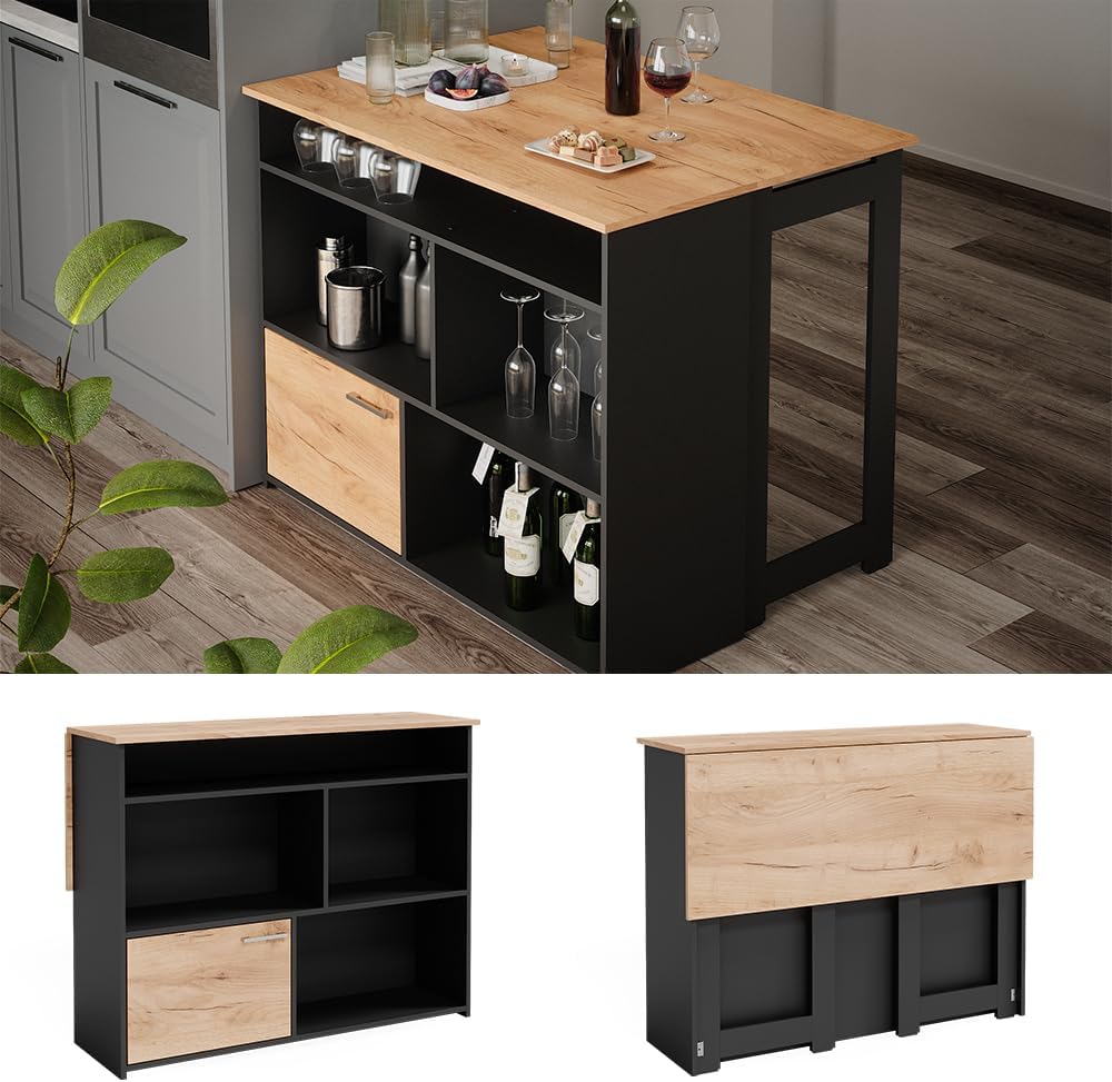 Vicco Table de Bar Dominic, Chêne de Force doré/Anthracite, 116 x 37 cm 4X Compartiments Ouverts et 1x Porte
