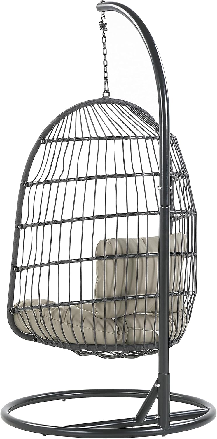 Fauteuil Suspendu Gris avec Coussin et Support Noir 102 cm en Métal et Rotin Très Confortable pour Extérieur Style Boho Beliani