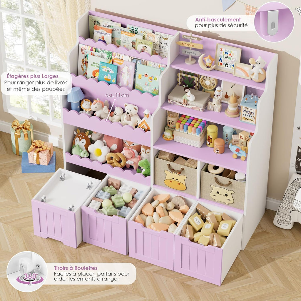 FOREHILL Meuble Rangement Enfant Bibliothèque Enfant avec 4 Boîtes Amovibles 9 Étagères Rangement Jouet pour Chambre d’Enfants Salle de Jeu 125x40x120 cm Couleur Lavande