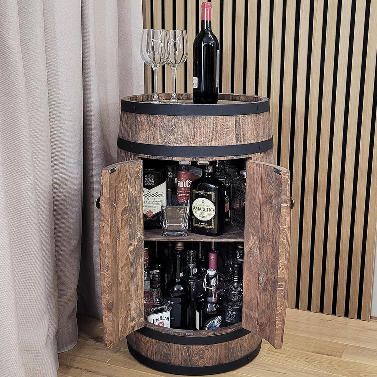 weeco Tonneau en Bois avec LED RGB et Deux Étagères – Mini Bar avec Portes – Couleur Wenge, Brun Foncé – Dimensions 80x50cm