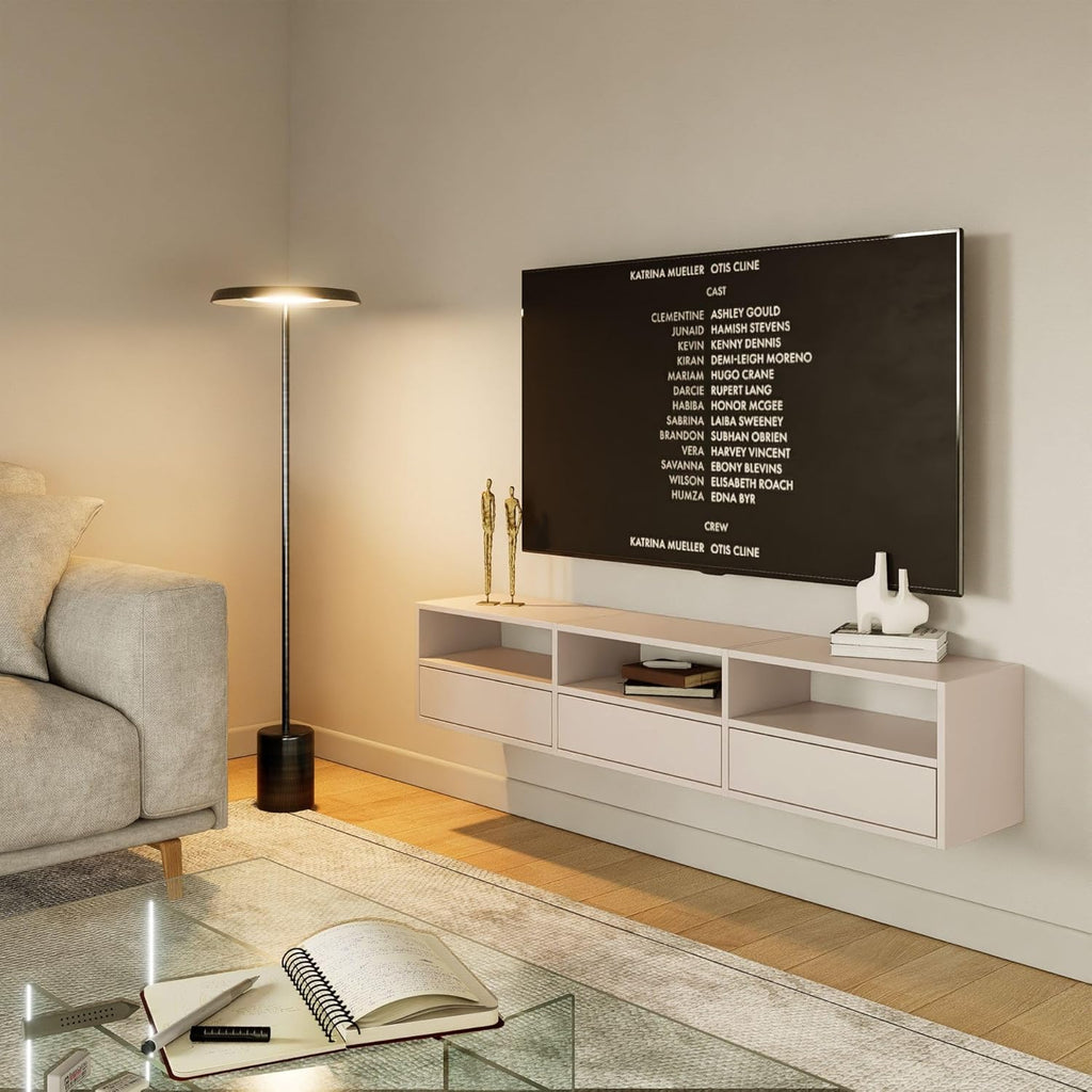 Selsey Meuble TV Suspendu 150 cm Gris Cachemire 3 Abattants & Niches Ouvertes Design Moderne & Fonctionnel pour Intérieur Contemporain