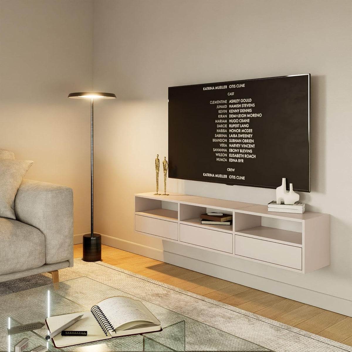 Selsey Meuble TV Suspendu 150 cm Gris Cachemire 3 Abattants & Niches Ouvertes Design Moderne & Fonctionnel pour Intérieur Contemporain