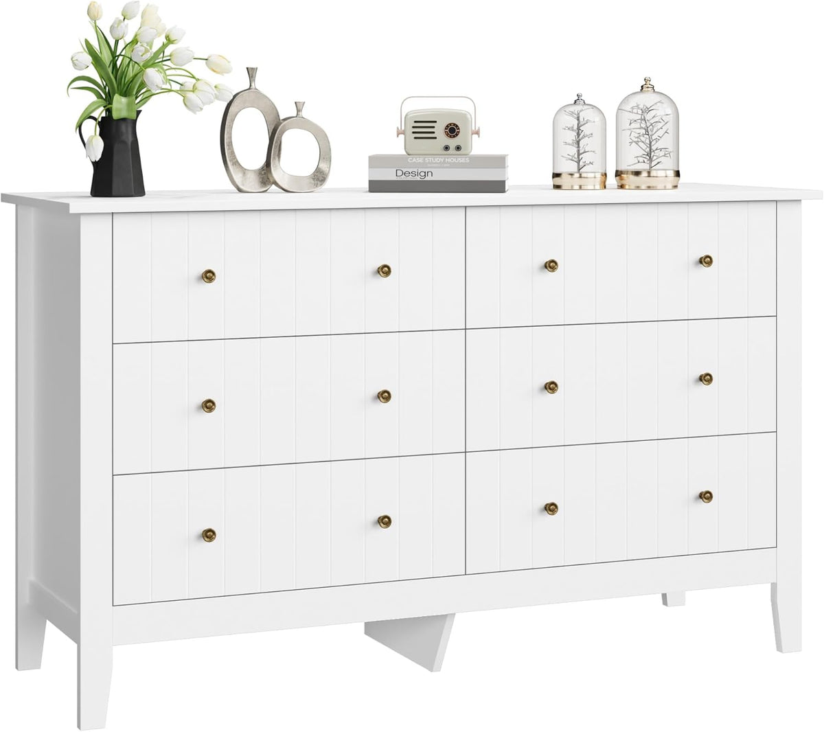 FOREHILL Commode avec 6 Tiroirs Commode Chambre Adulte Grande Commode Blanche Meuble de Rangement pour Salon Moderne en Bois 133x45x79.5cm