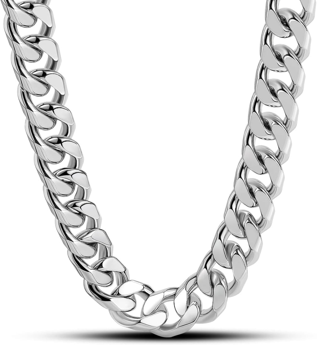Dankadi Collier Cubain Large 8-10-12MM Massif en 925 Argent, Chaîne Cubaine Maille Lisse et Cannelure 16" à 30" Cadeau de Bijoux Classique Rock Punk Hip Pop Miami pour Homme