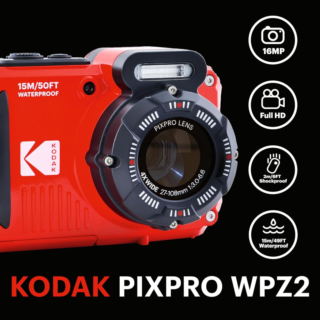 KODAK Pixpro WPZ2 - Appareil Photo Numérique Compact 16M Pixels, étanche à 15m, Anti-Choc, Video 720p, Ecran LCD 2,7 - Batterie Li-ion, Rouge