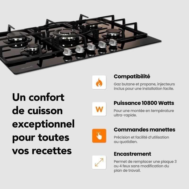 Plaque gaz 5 feux en verre noir - Brûleurs et grilles en fonte - 10 800 Watts encastrement 56x49 cm