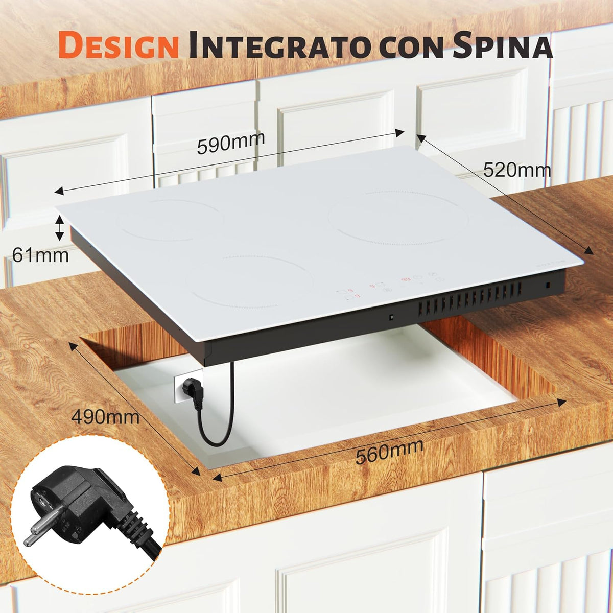 NOXTON Plaque à induction, 3 plaques blanche, 60 cm, encastrable avec commande tactile, booster, minuterie, sécurité enfant, 220 V-240 V, 3500 W, avec prise