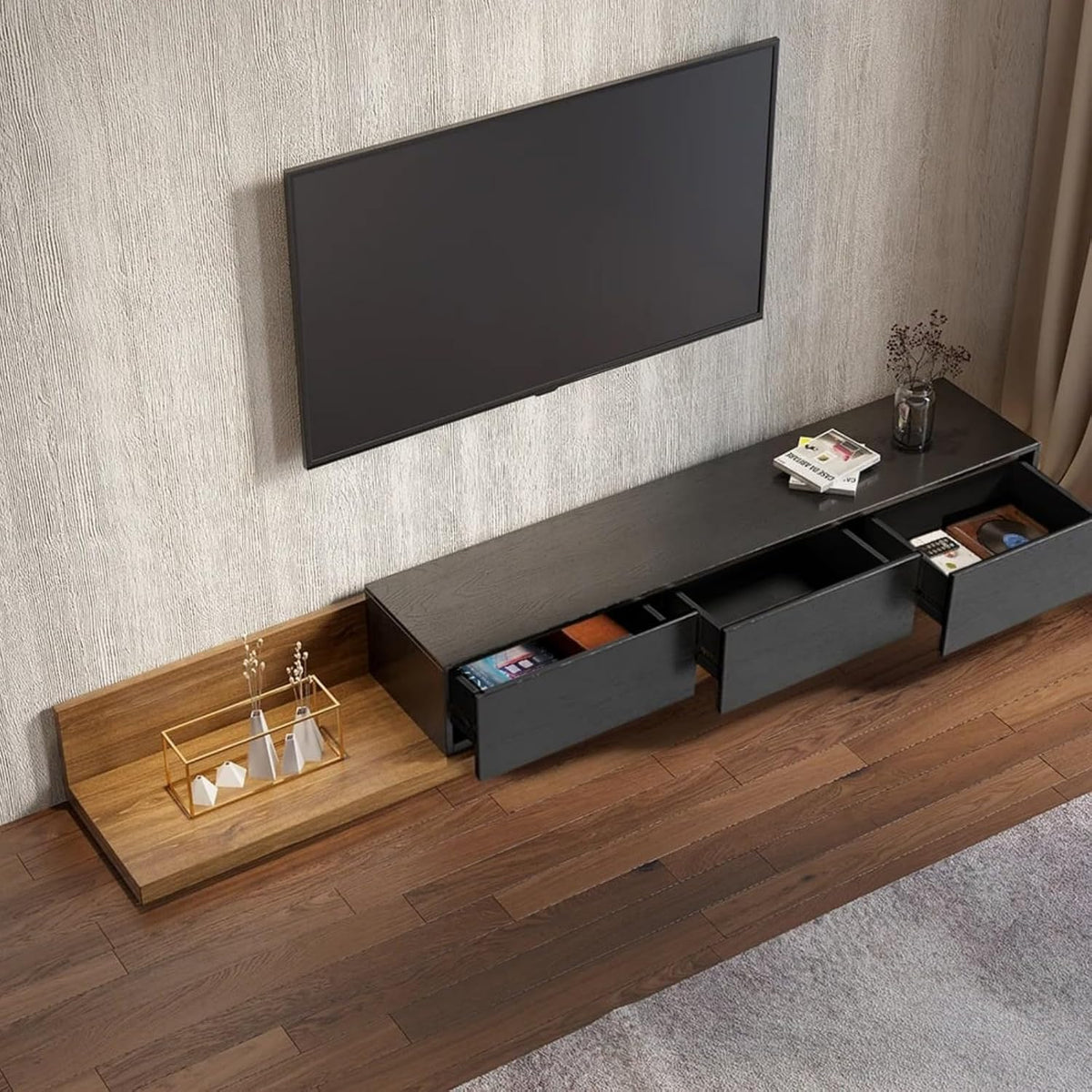 Homary Meuble TV Extensible 3 Tiroirs, Centre de Divertissement pour TV Jusqu'à 120 (Noyer et Gris, 200 cm L × 40 cm P × 35 cm H) (Noir et Noyer)
