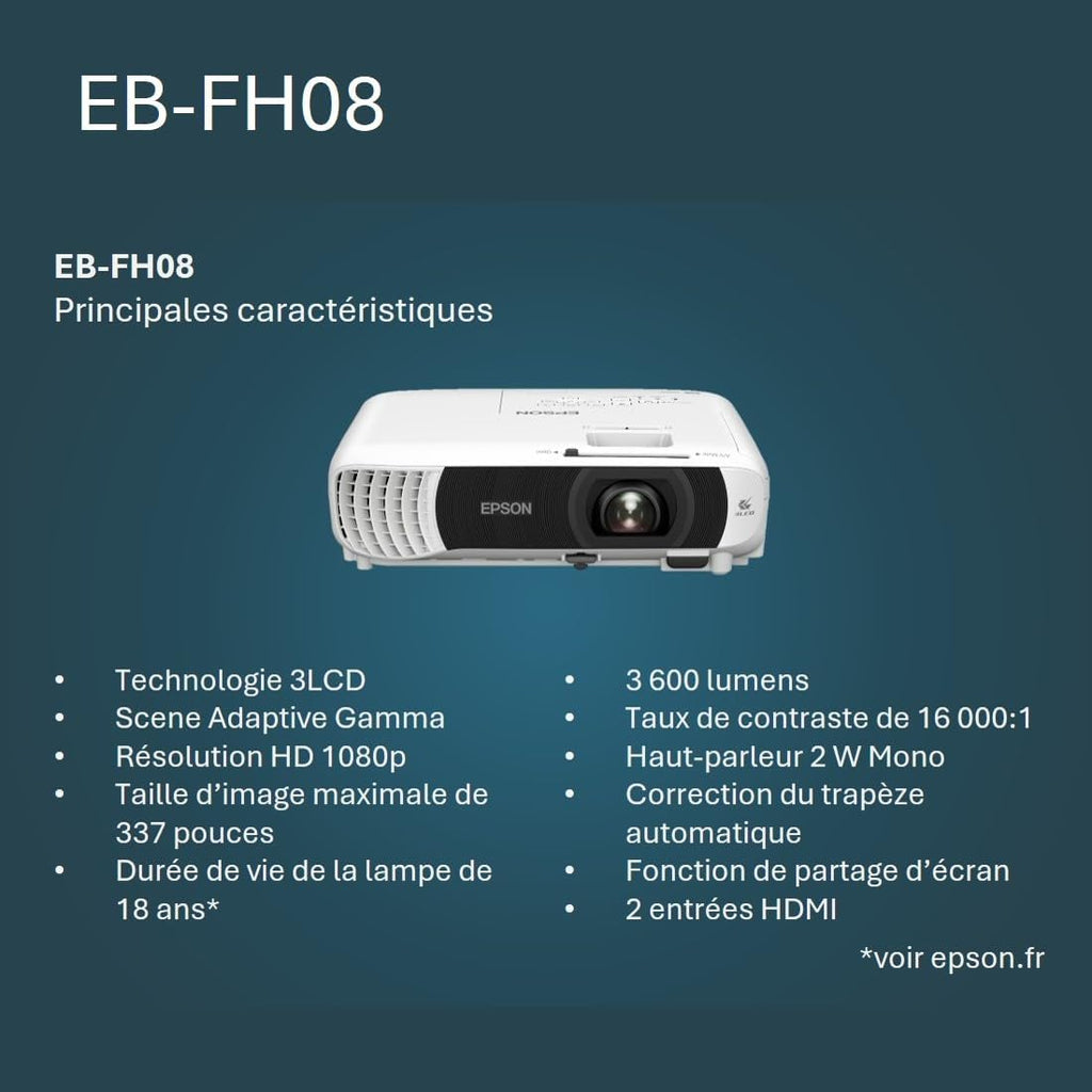 EB-FH08 3-LCD Video projecteur 337 pouces (8,56 m) 3.600 Lumens 1080p Full HD