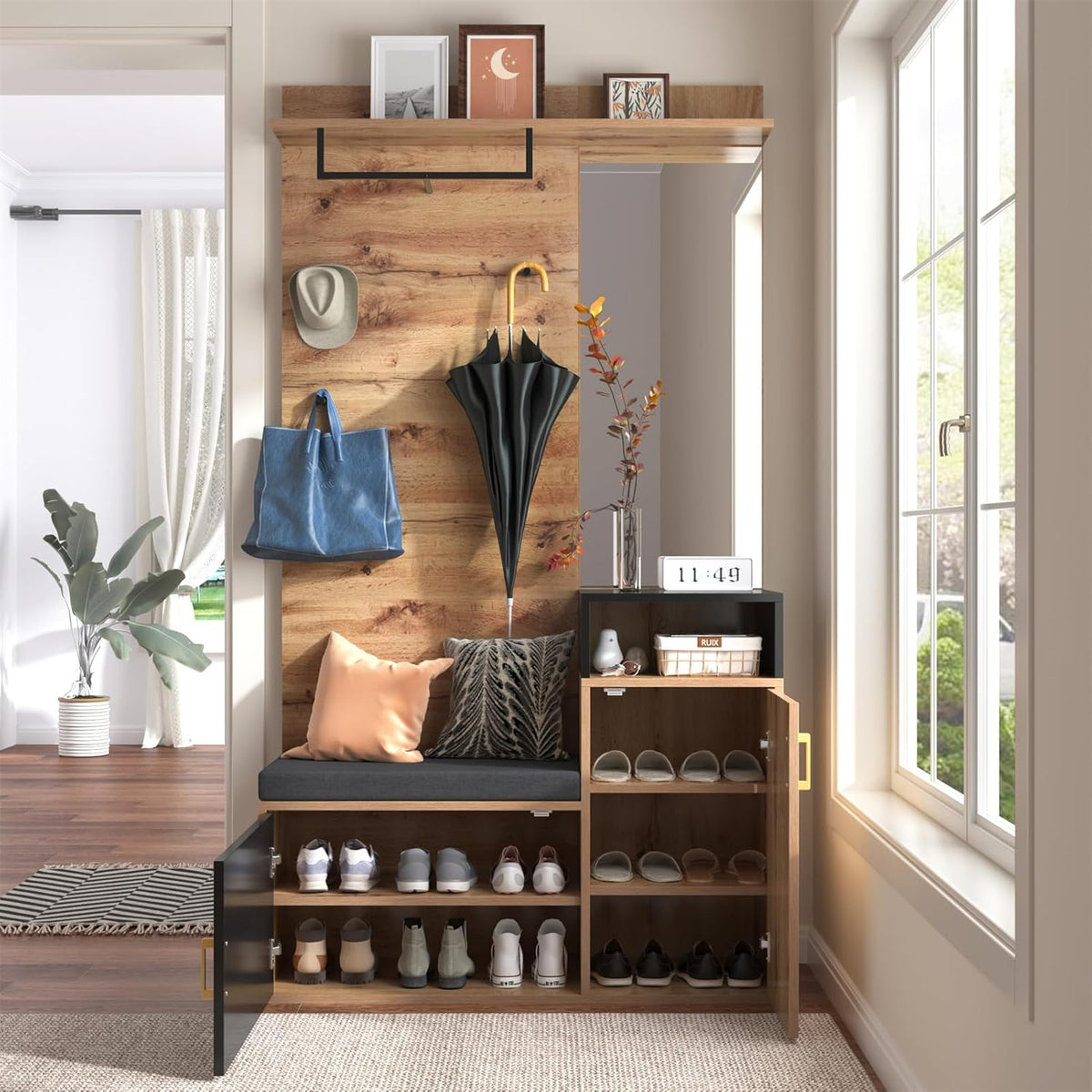 Sweiko Lot de 4 porte-manteaux avec 4 patères, miroir, armoire à chaussures, porte-manteau mural, étagère supérieure, couloir banc
