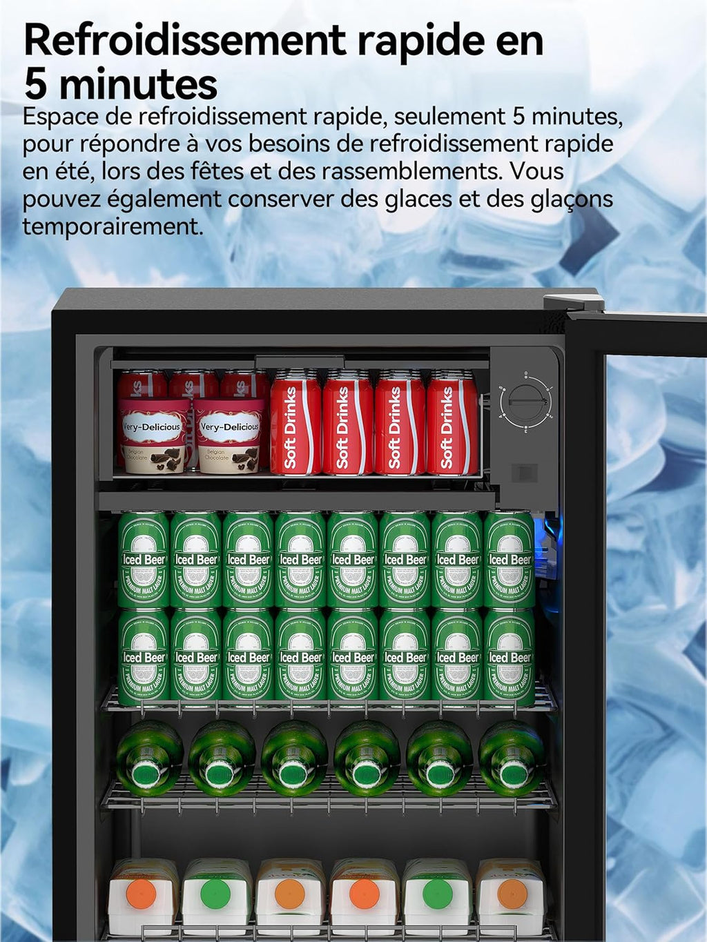 Devoko Frigo à boissons 93 L à porte en verre - Mini frigo avec lumières LED RGB et étagères ajustables pour un usage intérieur/extérieur. Le réfrigérateur parfait pour votre maison, bureau, bar ou fê