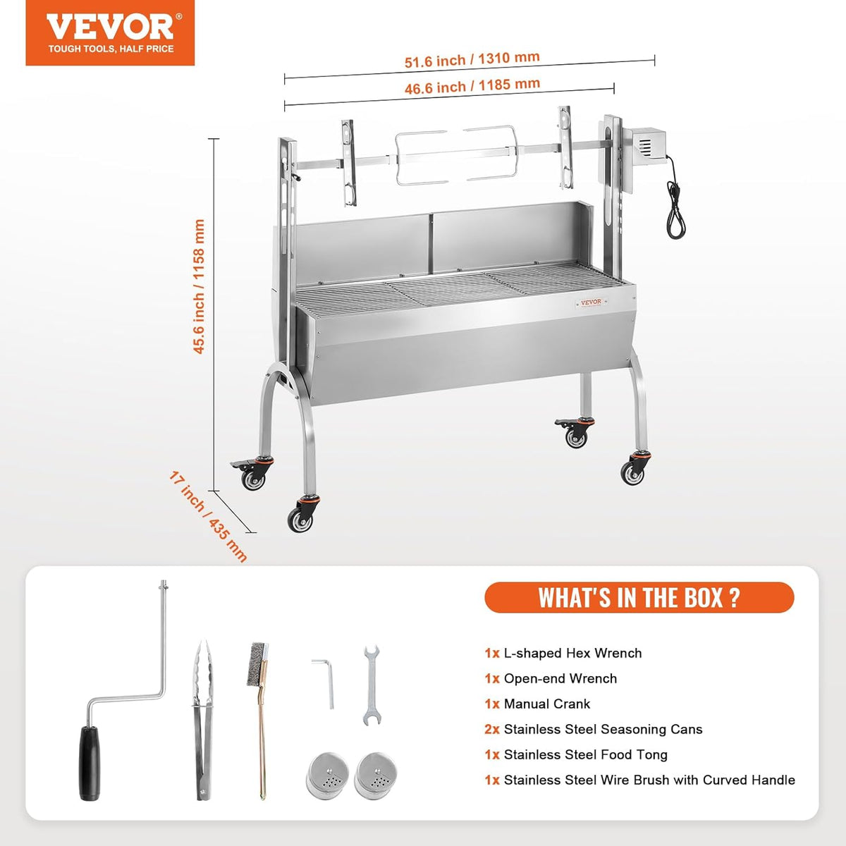 VEVOR Barbecue à Charbon avec Tournebroche Électrique 52 W Charge 90 kg, Rôtissoire Barbecue 118,5 cm, en Inox, avec Pare-Brise et Roues Verrouillables, pour Rôtir Agneau Porcelet Poulet Camping