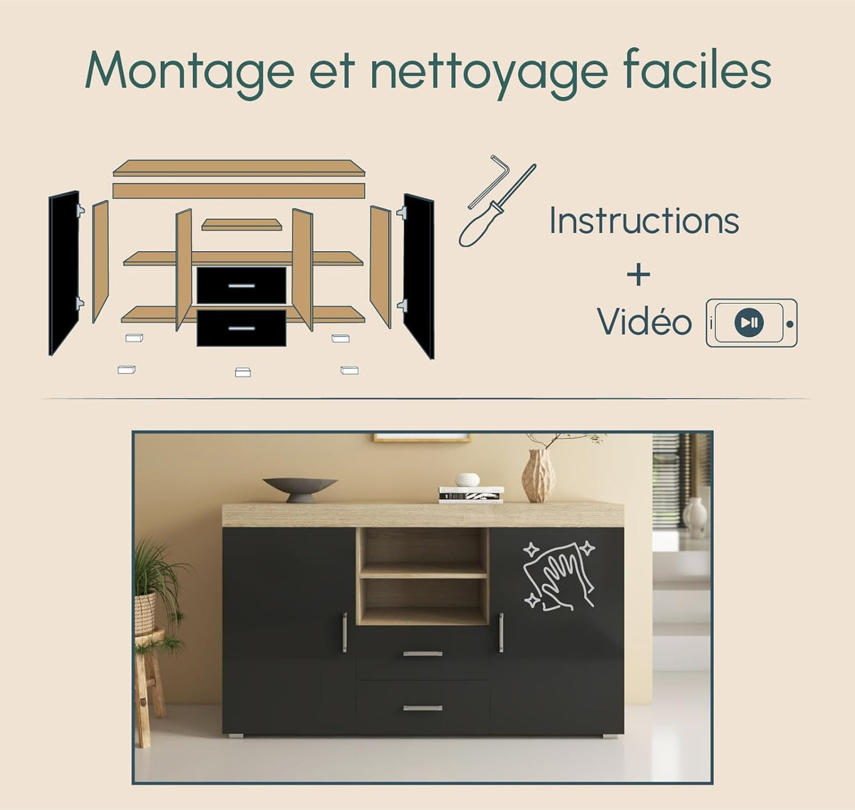 MB Muebles Bonitos, Buffet Roque pour Salon et Salle à Manger Moderne, Meuble TV en Mélamine, Couleur Sonoma Mat et Noir Brillant, 140x80x40 cm
