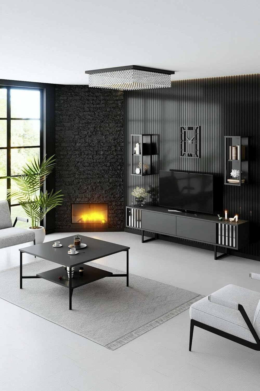 Dmora - Meuble TV Ananke, Buffet de Salon, Armoire Basse pour TV, Base Murale de Rangement, 180x30h48 cm, Anthracite et Noir