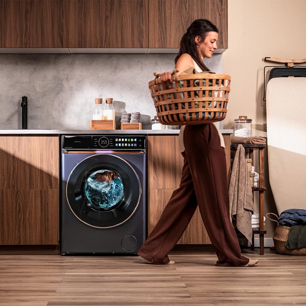 Cecotec Lave-linge 10Kg Frontal Bolero DressCode 10980 Direct Drive Blue A. 1400RPM, Moteur Direct Drive, Basse Consommation, Écran FullColor, Finitions Imitation Cuir, Porte XXL, Lumière UV et Vapeur