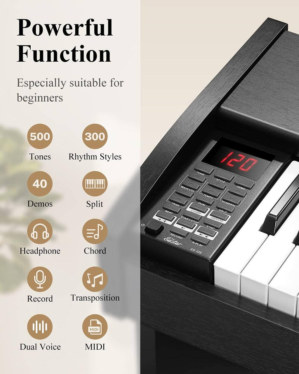 Eastar EK-10S Clavier Piano, 61 touches de taille standard Upright Clavier de Piano numérique pour les débutants avec pédale de sustain et support de livre de musique, cadeau essentiel