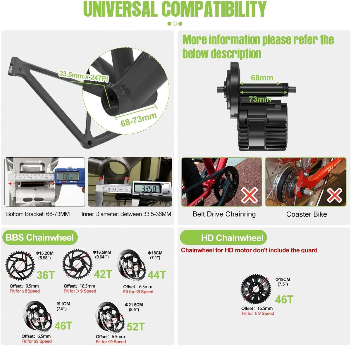 BAFANG BBS01B BBS02B BBS-HD Kit de Moteur Central - Kit de Conversion pour vélo électrique Mid Drive 250W 350W 500W 750W 1000W avec Batterie (en Option) et écran LCD, 36V 48V 52V, protocole Can