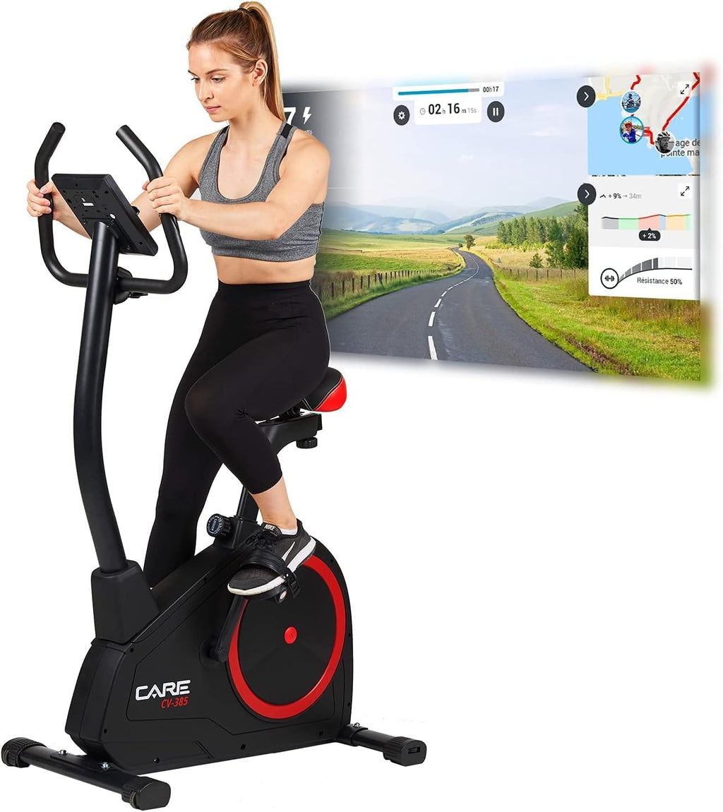 CARE FITNESS - Vélo d’Appartement CV-385-24 Niveaux de Difficulté - 24 Programmes - Compteur LCD Rétro-éclairé - Cardiofréquencemètres - Compatible avec l'application Kinomap - Port USB Noir