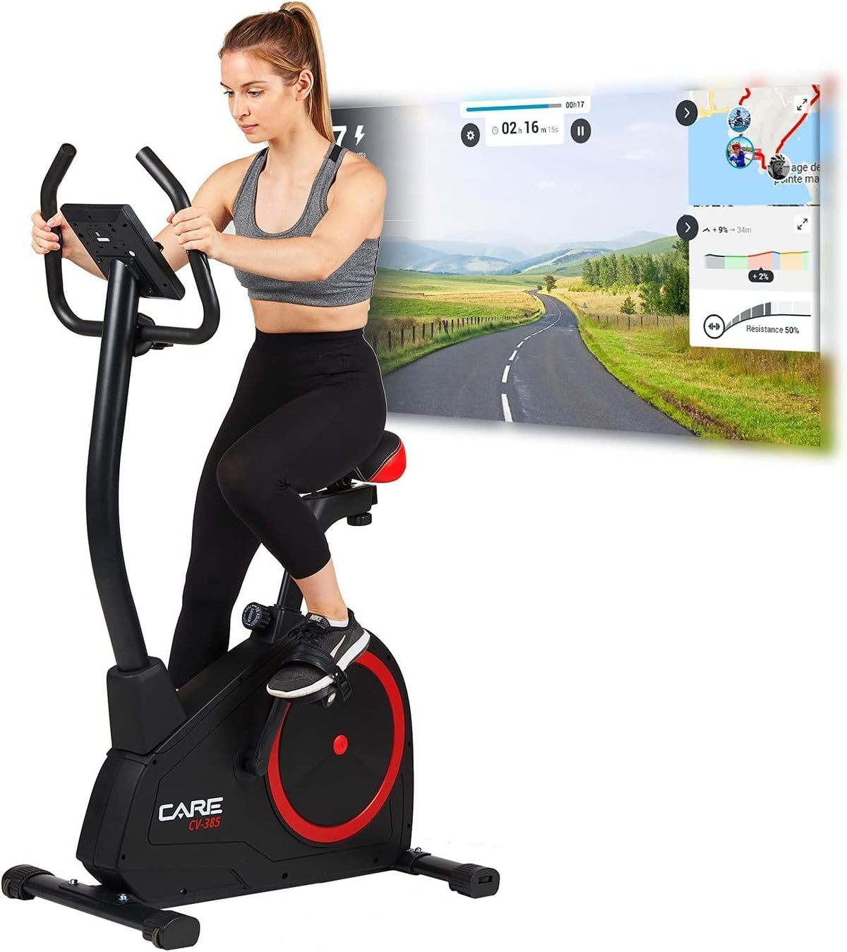 CARE FITNESS - Vélo d’Appartement CV-385-24 Niveaux de Difficulté - 24 Programmes - Compteur LCD Rétro-éclairé - Cardiofréquencemètres - Compatible avec l'application Kinomap - Port USB Noir