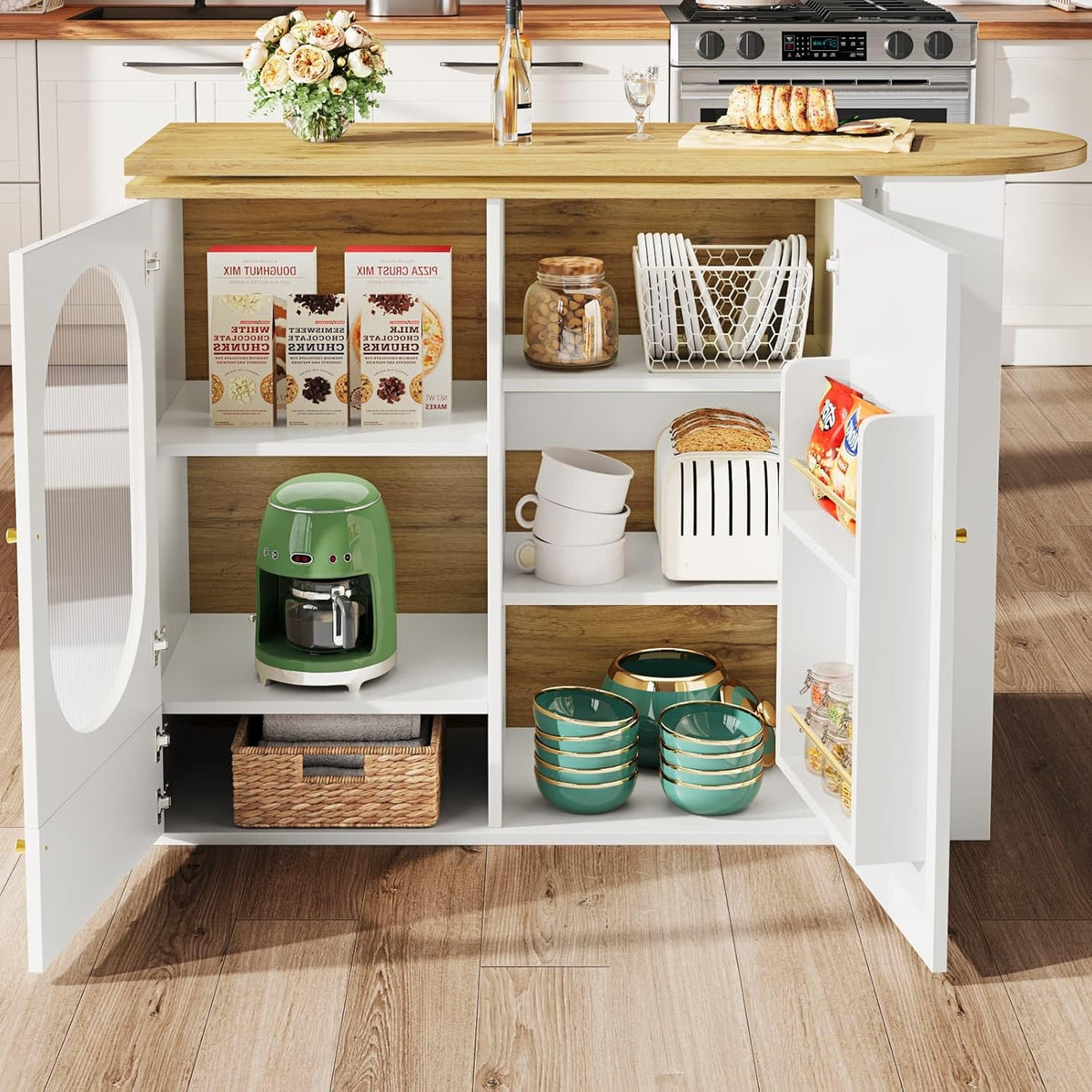 KOMHTOM Table à Manger Pivotante à 360°avec Armoire de Rangement, Meuble de Bar, Bar Cuisine avec 3 Portes et étagères réglables en Hauteur (Blanc)