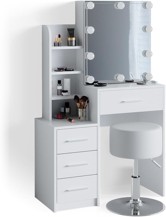 Vicco Coiffeuse Conrada, Blanc, 80cm avec éclairage LED et Tabouret