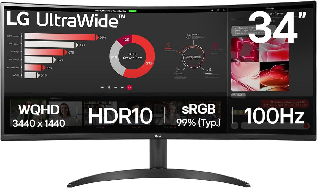 LG UltraWide 34WR50QK-B Ecran PC Ultra Large 34" - Dalle VA résolution QHD (3440 x 1440), 5ms GtG 100Hz, HDR 10, sRGB 90 pour cent (CIE1931), inclinable, Mode Portrait
