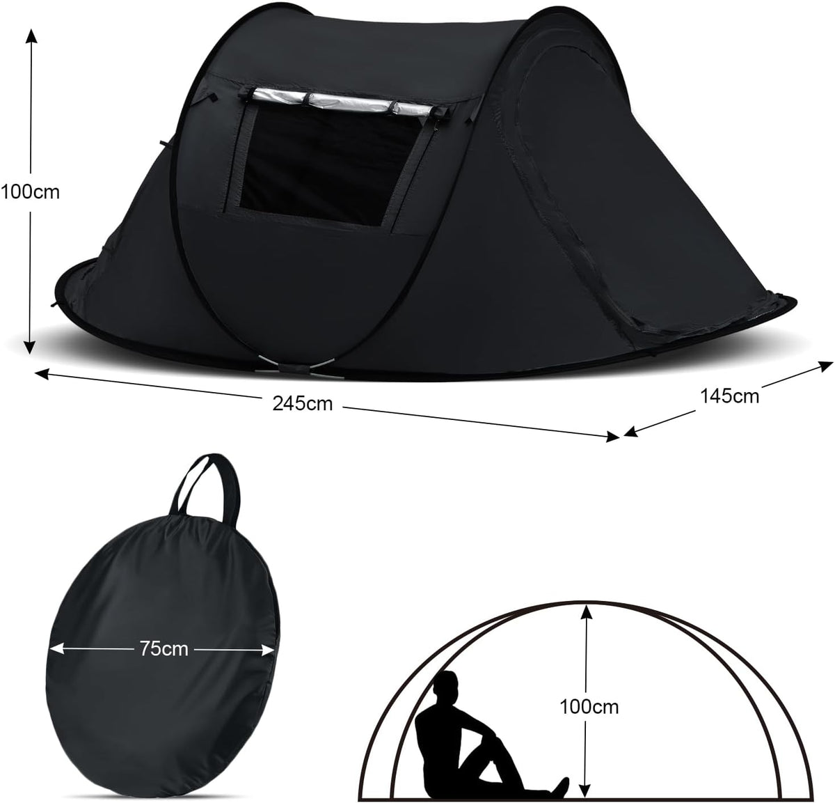 CLIPOP Tente de plage pliable à ouverture rapide pour 1 à 3 personnes, UPF 50+, abri solaire imperméable pour camping, pêche, pique-nique, plage (245 x 145 x 100 cm, noir)
