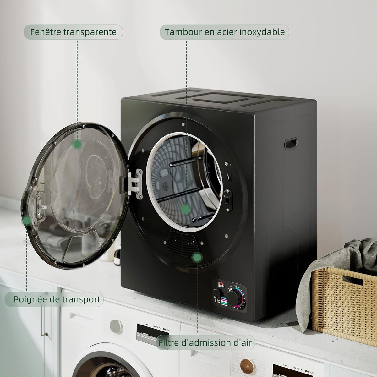 HOMCOM Sèche-linge à évacuation portable, sèche-linge électrique 850 W, 4 Kg, 4 modes de séchage, 2 niveaux de chauffage, cuve en acier inoxydable, installation murale, pour appartement dortoir, noir