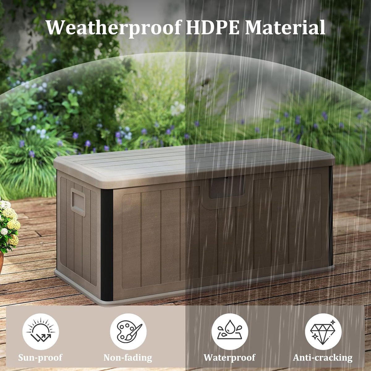 HOMASIS 378L Coffre de Rangement Imperméable, Banc de Rangement en Résine avec Couvercle Verrouillable, Armoire de Jardin pour Intérieur et Extérieur, Charge 200 KG, 130 x 64 x 59 cm (marron)