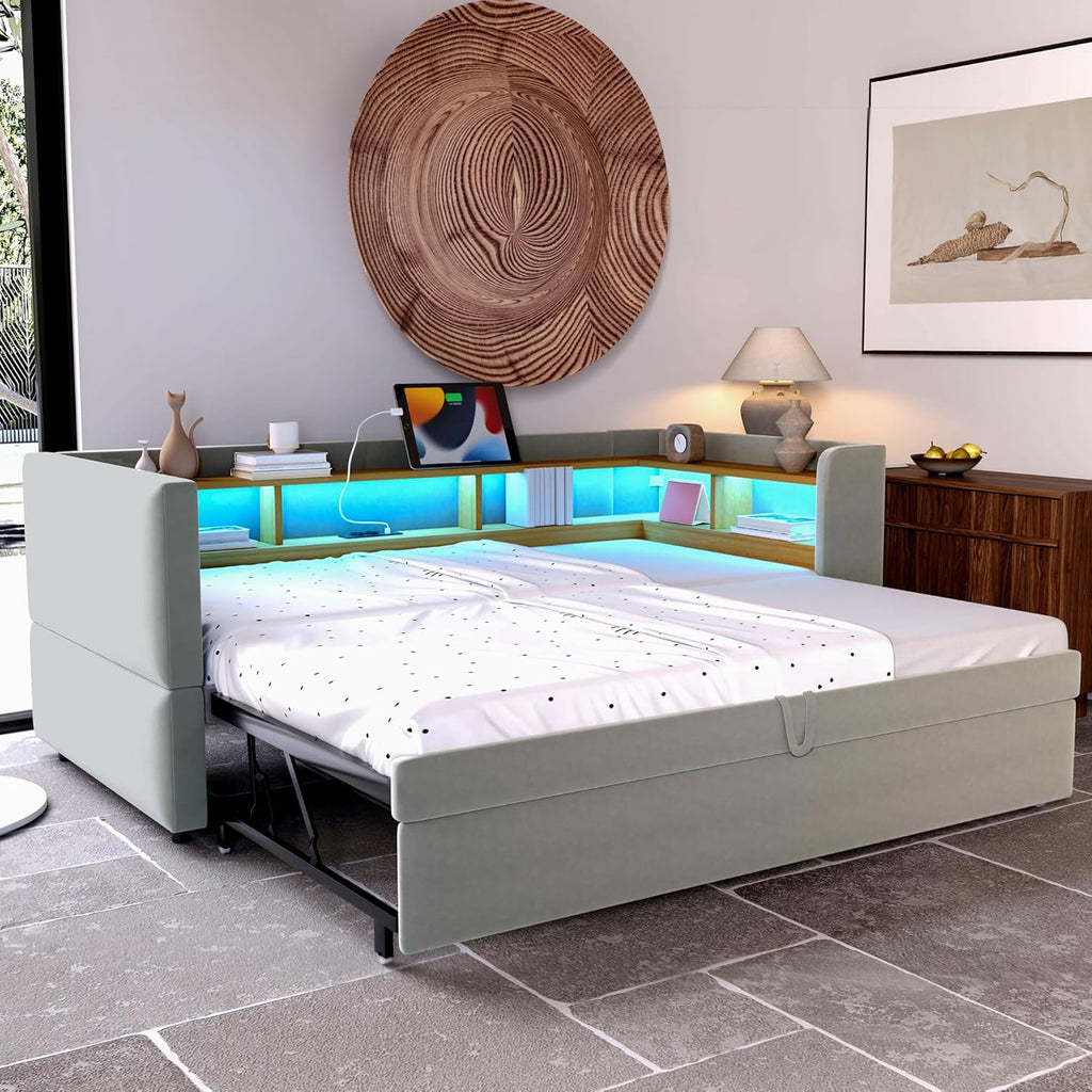 Canapé lit 90x190, Canapé Convertible avec LED et USB, lit 2 Personnes 90/180x190 avec lit gigogne et Plusieurs Compartiments de Rangement, Meuble Salon Gris Clair (sans Matelas)