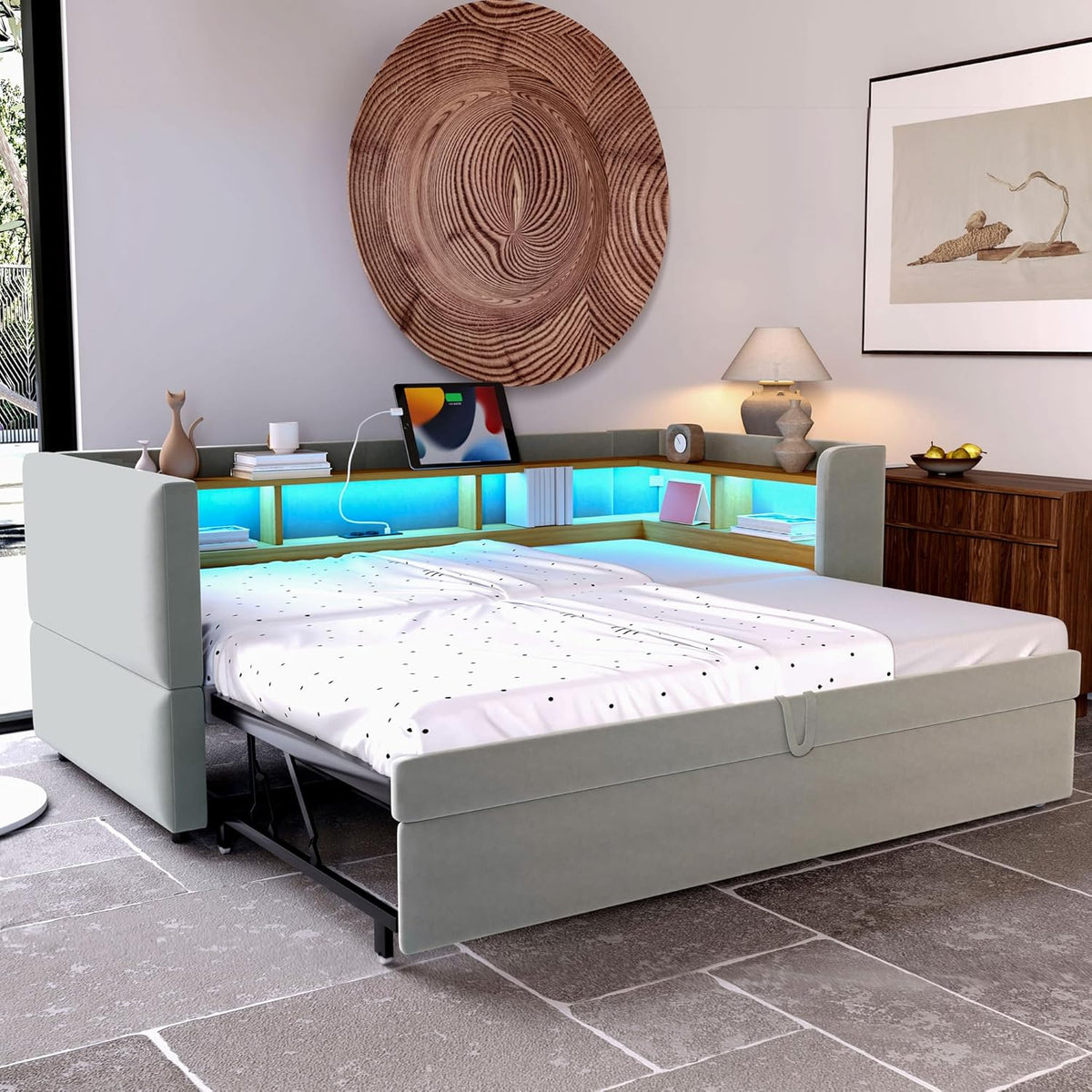 Canapé lit 90x190, Canapé Convertible avec LED et USB, lit 2 Personnes 90/180x190 avec lit gigogne et Plusieurs Compartiments de Rangement, Meuble Salon Gris Clair (sans Matelas)
