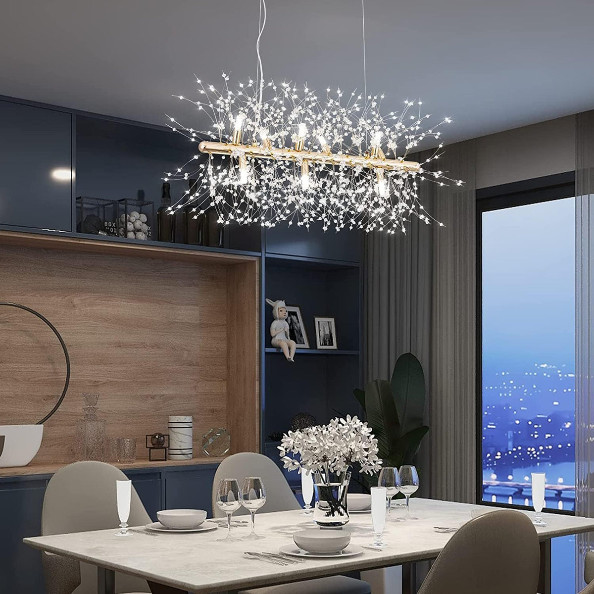EFPD Luminaire moderne en cristal, acier inoxydable, pissenlit LED, suspension dorée à 9 lumières pour cuisine, salle à manger, chambre à coucher 72cm