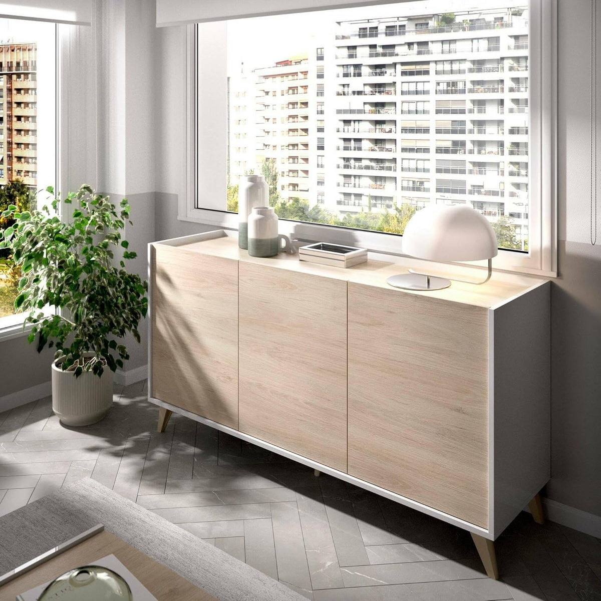 Dmora - Buffet Salon Moderne 3 Portes 155x43h75 cm Chêne Blanc