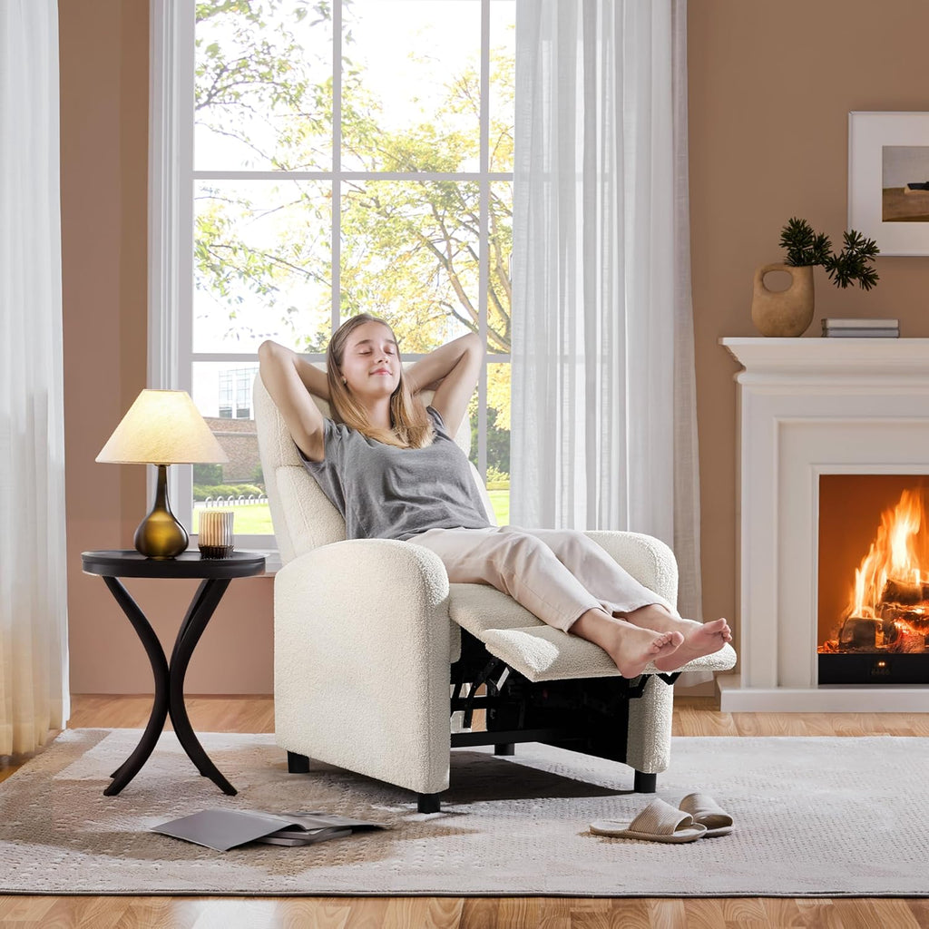 Yaheetech Fauteuil de Relaxation Chaise de Détente Siège de Canapé Fauteuil en Tissu Bouclette Doux avec Repose Pied/Chambre à Coucher/Home Cinéma/Salon Ivoire