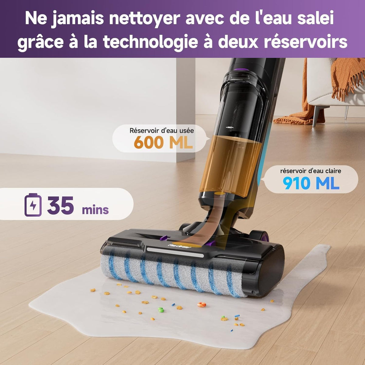 Redkey W15 Aspirateur Balai Laveur sans Fil, 20.000 Pa Balai aspirateur Laveur 3 en 1, Aspiration Puissant Eau et Poussière, 5mm Simple Lamination, Longue Autonomie, LED écran Digital, Auto-Nettoyage