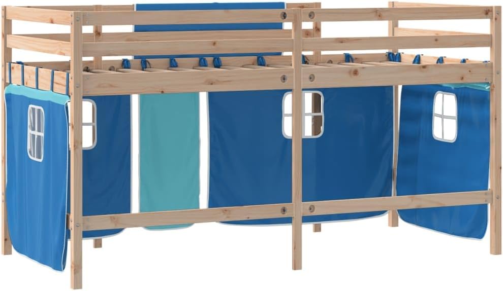 vidaXL Lit Mezzanine Enfants et Rideaux, Lit Surélevé pour Enfants avec Échelle, Meuble de Rangement Chambre, Moderne, Bleu 90x200 cm Bois Pin Massif